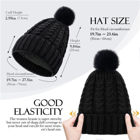 MooonGem Womens Winter Beanie Hats，Soft Black Beanie with Warm Lined main image 4